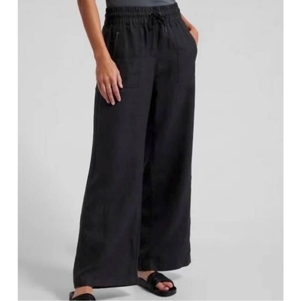 Athleta Pants 12P Cabo Wide-Leg High Rise Joggers Black Linen - Picture 2 of 12